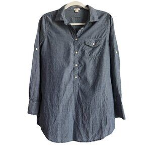 J.CREW Women’s Chambray Half Button Down Popover Shirt Rolled Tab Sleeves Size S